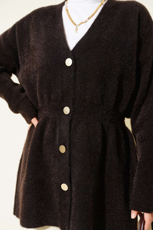 Gebreid vest met knoopsluiting en elastische taille, donkerbruin