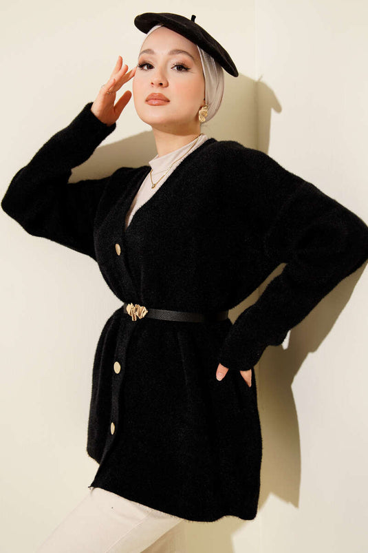 كارديجان أسود محبوك بأزرار وخصر مطاطي ونسيج بارز