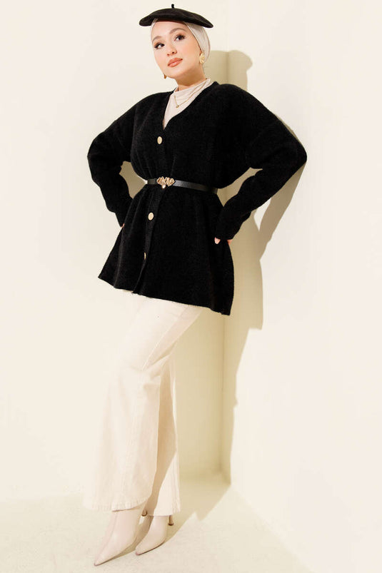 Black Buttoned, Elastic Waist Knit Cardigan with Textured Texture