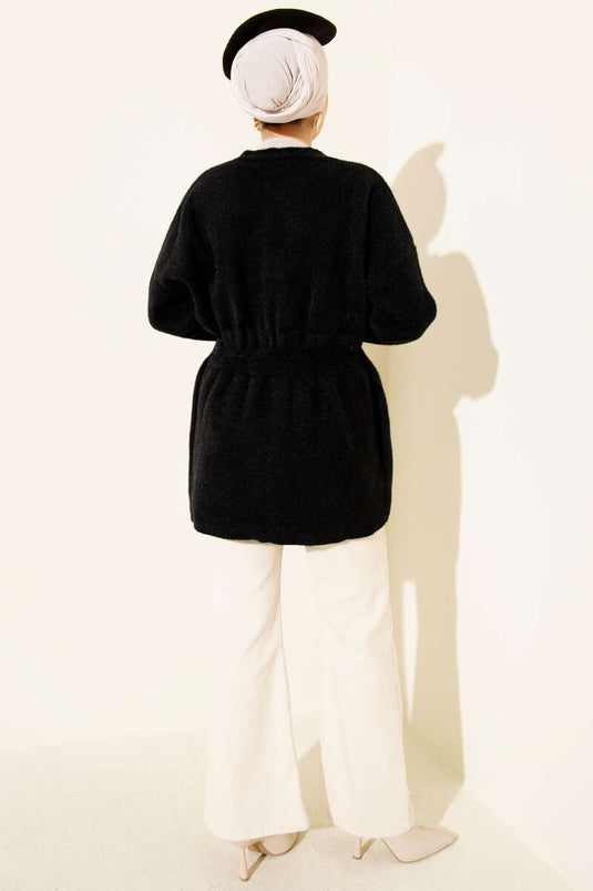 Black Buttoned, Elastic Waist Knit Cardigan with Textured Texture