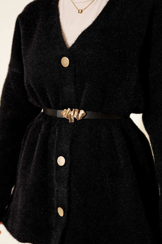 كارديجان أسود محبوك بأزرار وخصر مطاطي ونسيج بارز