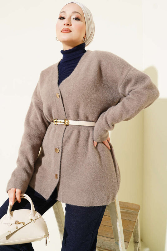 Bel Lastikli Düğmeli Sakallı Triko Hırka Vizon