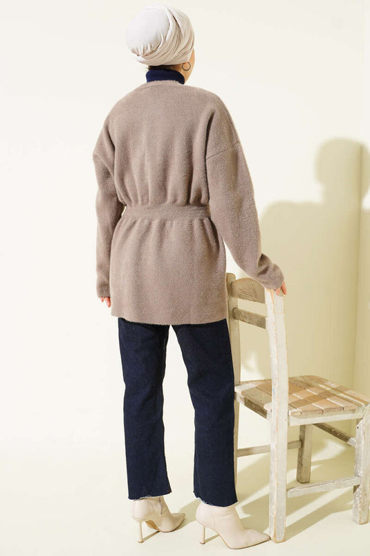 Buttoned, Elastic Waistband, Textured, Textured Knit Cardigan, Mink Color