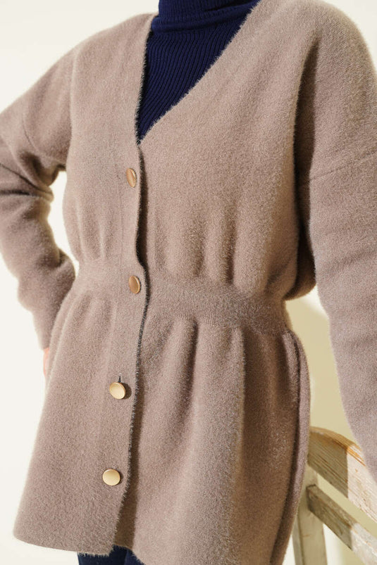 Bel Lastikli Düğmeli Sakallı Triko Hırka Vizon