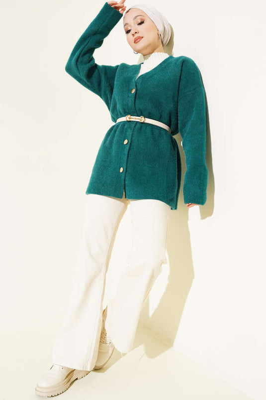 Buttoned, Elastic Waist, Textured Knit Cardigan, Emerald Green