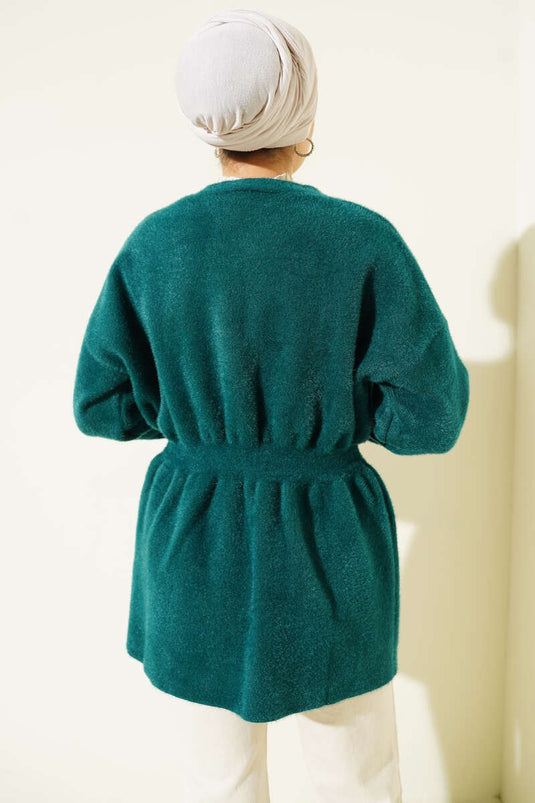 Buttoned, Elastic Waist, Textured Knit Cardigan, Emerald Green
