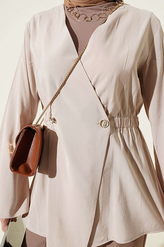 Giacca Tensel Beige con Bottoni e Vita Elasticizzata