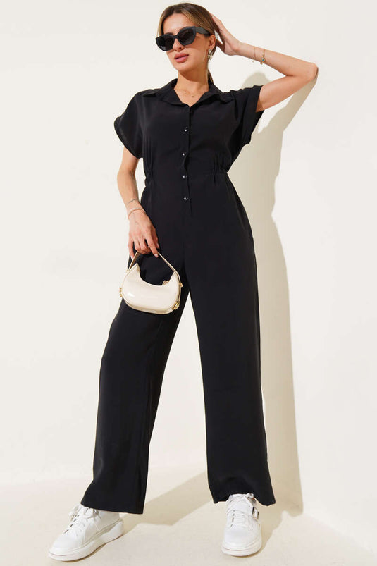 أفرول أسود بأزرار وخصر مطاطي