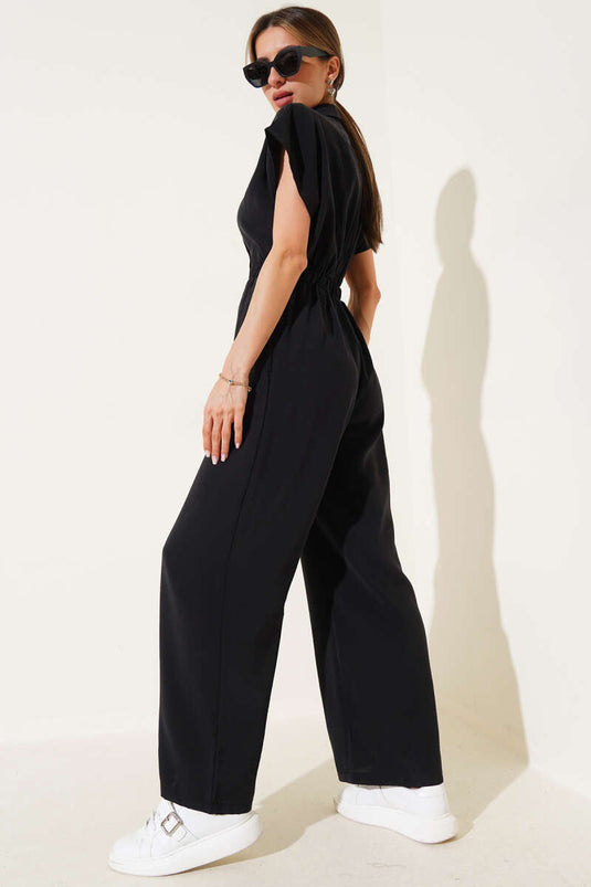 أفرول أسود بأزرار وخصر مطاطي