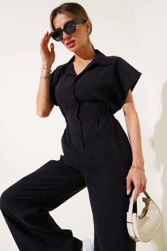 أفرول أسود بأزرار وخصر مطاطي