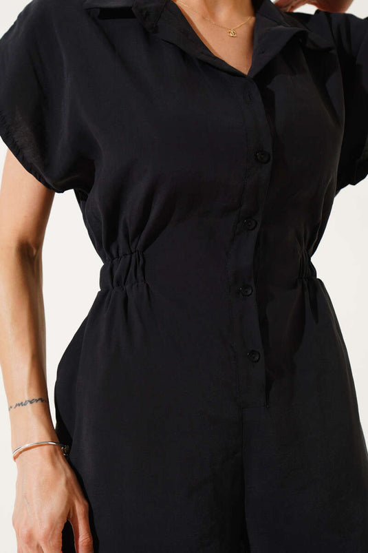 أفرول أسود بأزرار وخصر مطاطي