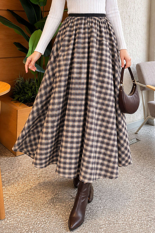 Beige Elasticated Checkered Skirt