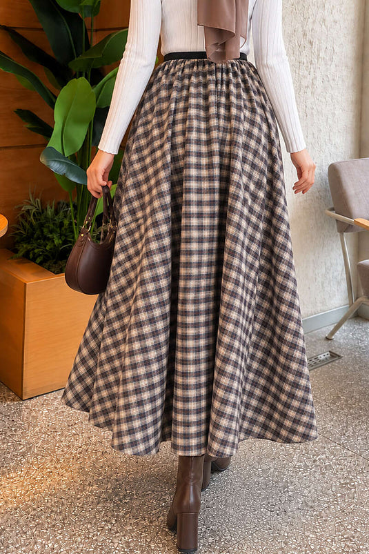 Beige Elasticated Checkered Skirt