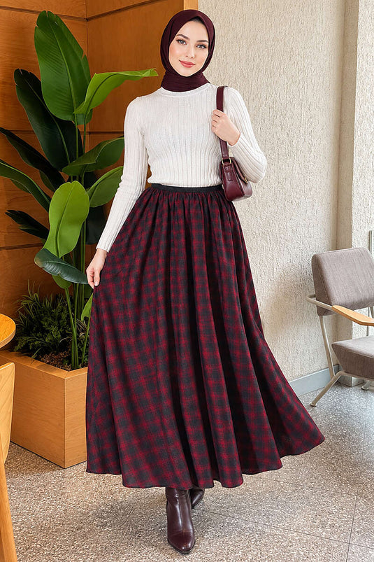 Burgundy Elasticated Plaid Skirt