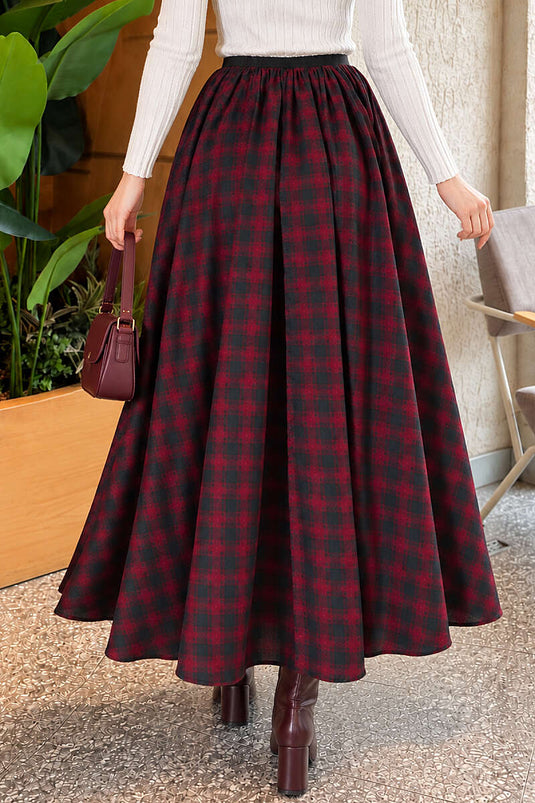 Burgundy Elasticated Plaid Skirt
