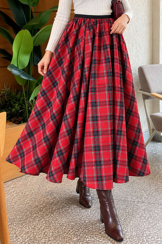 Red Elasticated Checkered Skirt