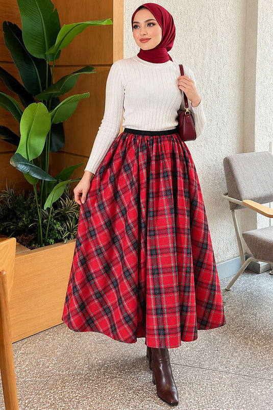 Red Elasticated Checkered Skirt