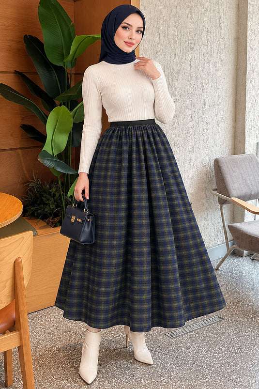 Bel Elasticated Checkered Skirt Navy