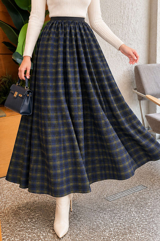 Bel Elasticated Checkered Skirt Navy