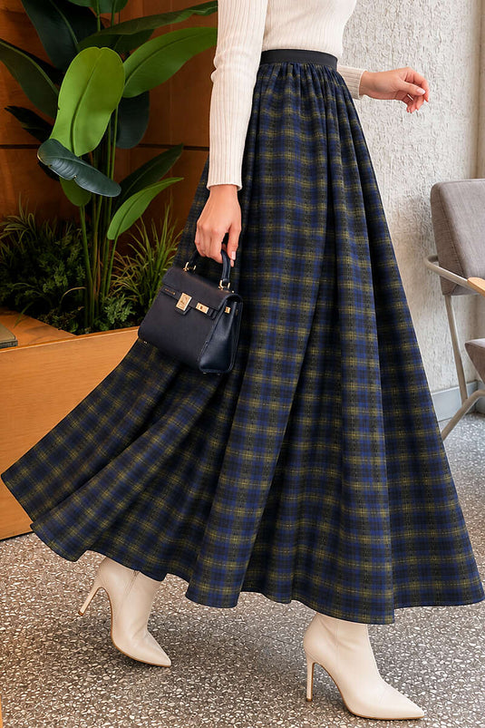 Bel Elasticated Checkered Skirt Navy