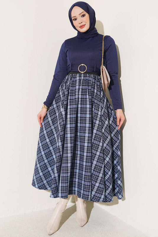 Falda Ancha Cuadros Azul Con Cintura Elástica
