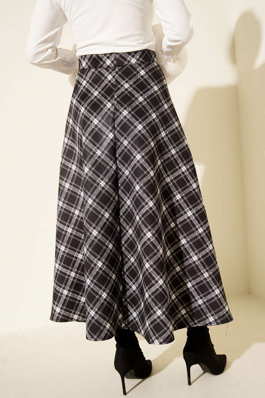 Black Waist-Elastic Checked Diving Skirt