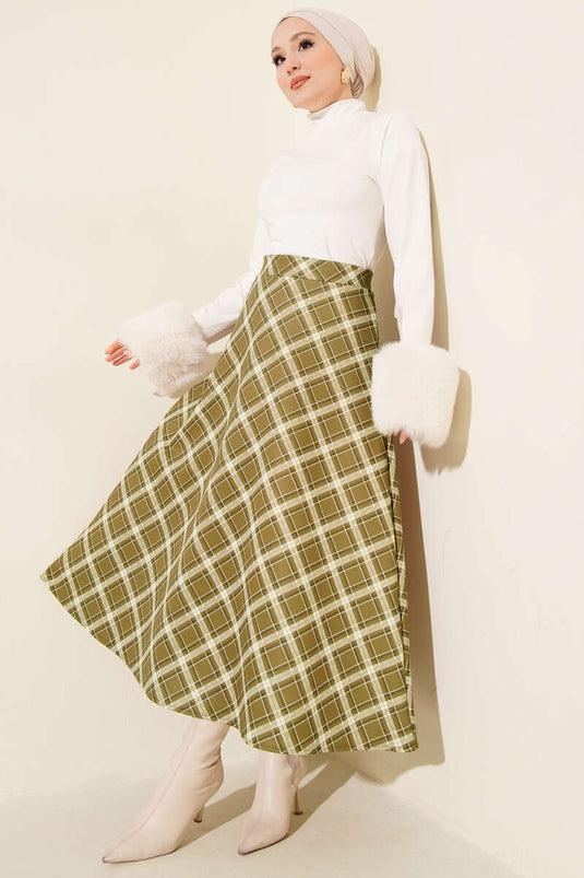 Belted Plaid Diving Skirt Oil Green