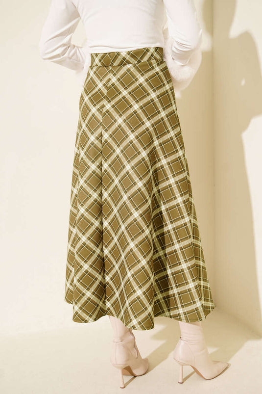 Belted Plaid Diving Skirt Oil Green