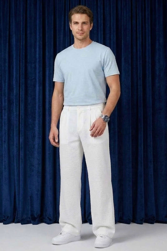 Pantalon en lin pour homme avec ceinture élastique blanc