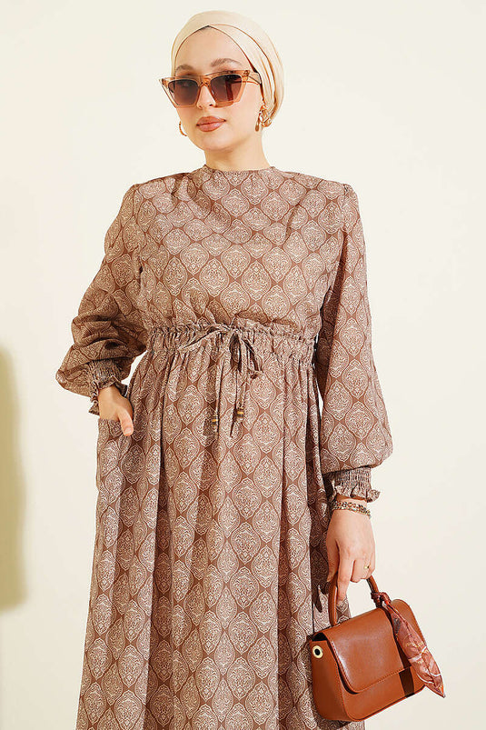 Robe Ethnique Camel À Taille Élastiquée