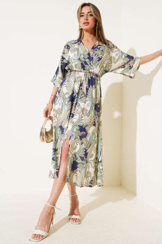 Ethnic Patterned V-Neck Dress with Elastic Waistband, Navy Blue