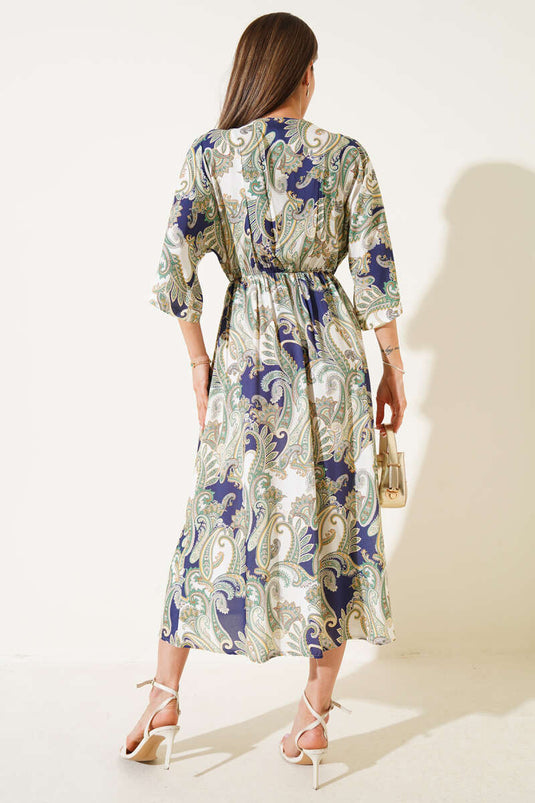 Kleid mit ethnischem Muster, V-Ausschnitt und elastischem Bund, Marineblau