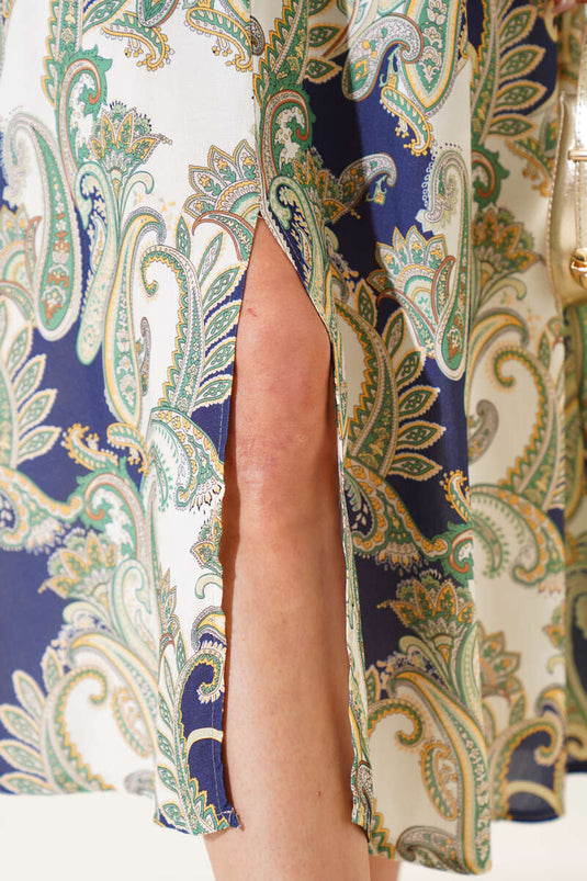 Ethnic Patterned V-Neck Dress with Elastic Waistband, Navy Blue