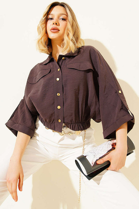 Chemisier court à manches froncées avec élastique, couleur marron foncé