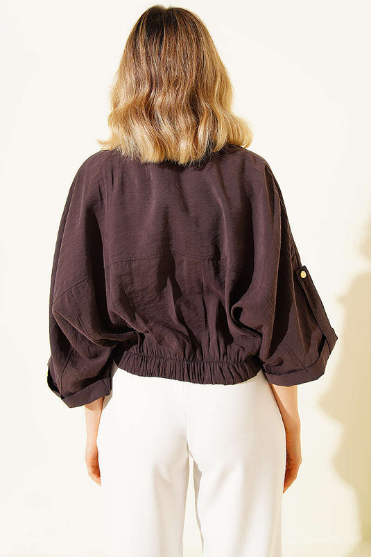 Chemisier court à manches froncées avec élastique, couleur marron foncé