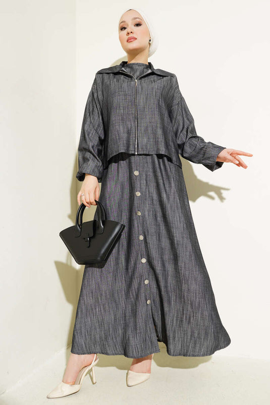 Bel Lastikli Fermuarlı Jile Elbise Takım Füme