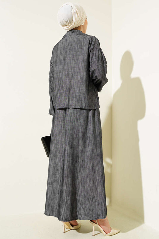 Bel Lastikli Fermuarlı Jile Elbise Takım Füme