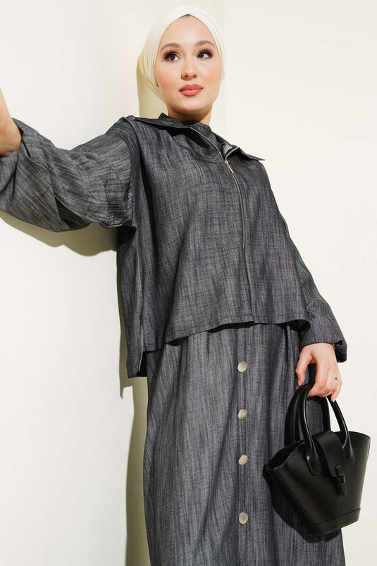 Bel Lastikli Fermuarlı Jile Elbise Takım Füme