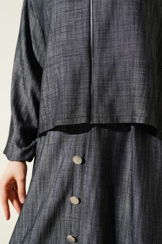 Bel Lastikli Fermuarlı Jile Elbise Takım Füme