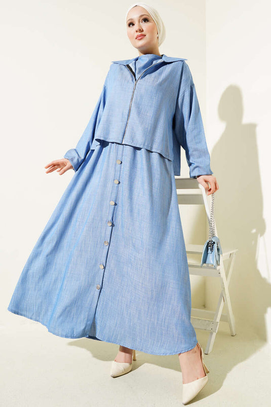 Bel Lastikli Fermuarlı Jile Elbise Takım İndigo