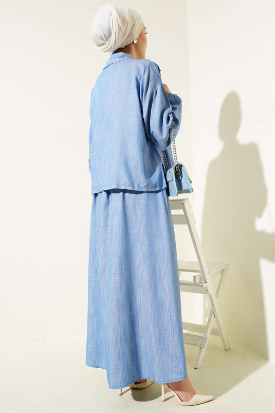 Bel Lastikli Fermuarlı Jile Elbise Takım İndigo