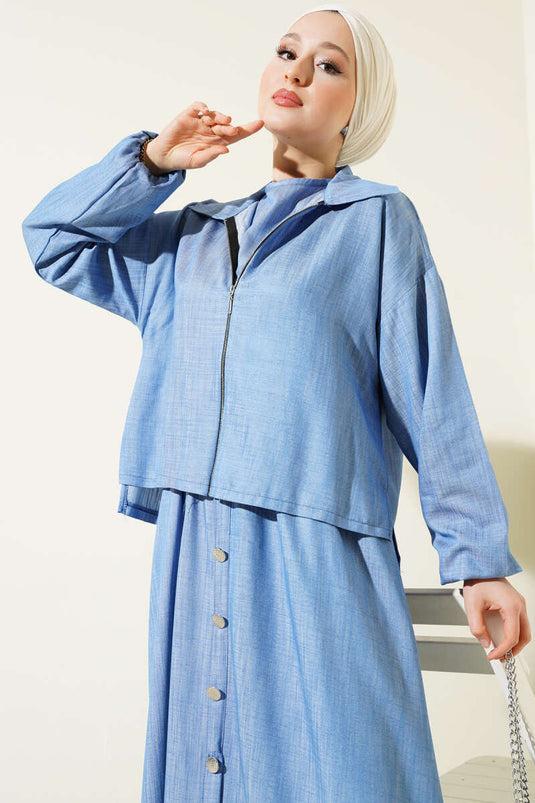 Bel Lastikli Fermuarlı Jile Elbise Takım İndigo