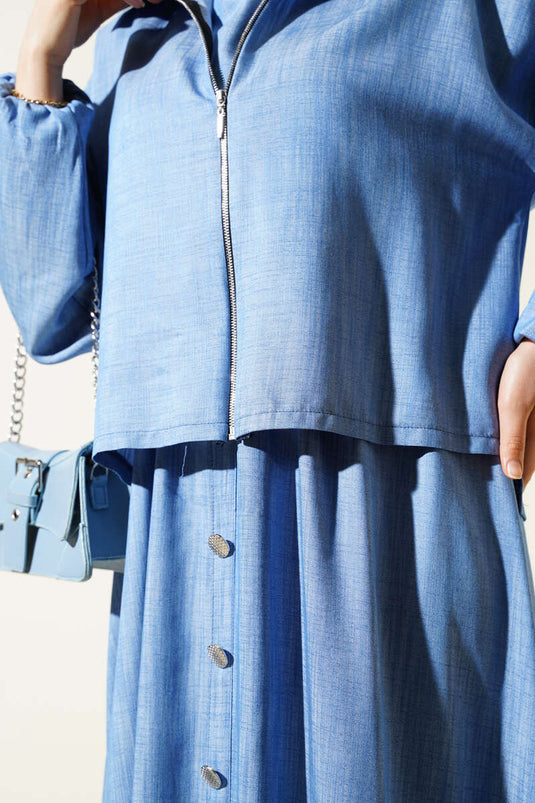 Bel Lastikli Fermuarlı Jile Elbise Takım İndigo