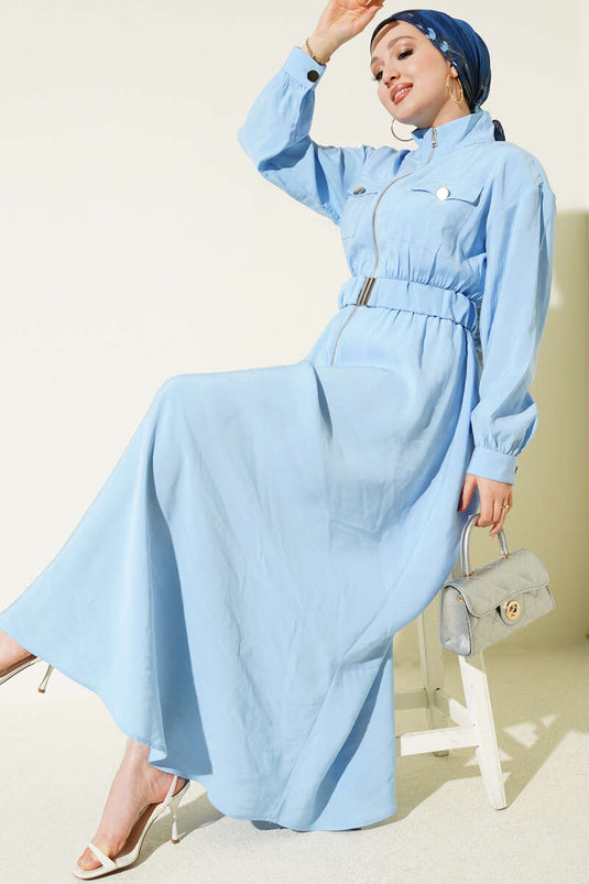 Dress with Belt, Zipper, and Tencel Fabric, Baby Blue
