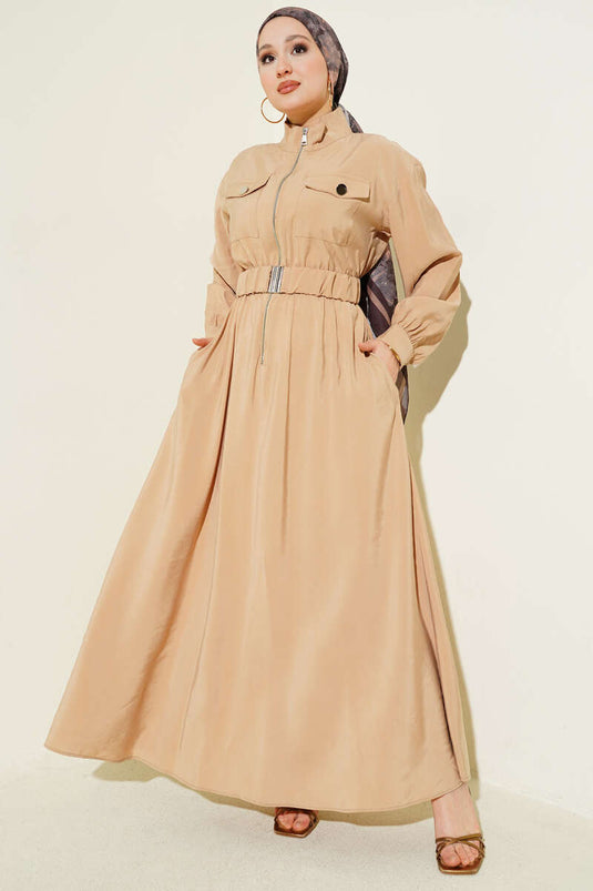 Beige Dress with Belt, Zipper, and Tencel Fabric