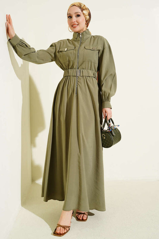 Dress with Belt, Zipper, and Tencel Fabric, Olive Green