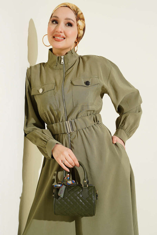 Dress with Belt, Zipper, and Tencel Fabric, Olive Green