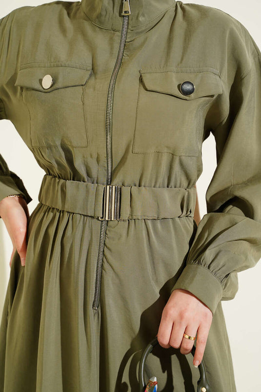 Dress with Belt, Zipper, and Tencel Fabric, Olive Green