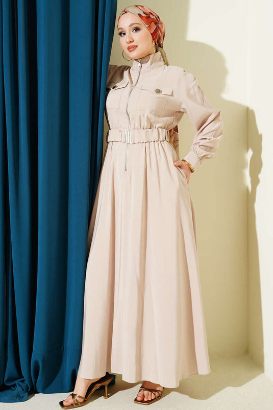 Stone-colored Tencel Dress with Belt and Zipper