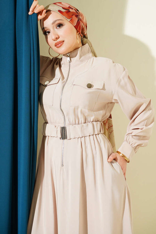 Stone-colored Tencel Dress with Belt and Zipper